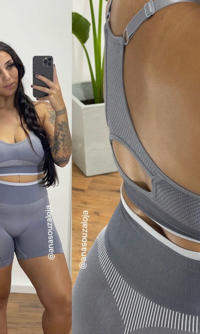 conjunto shorts e top jaque cinza claro